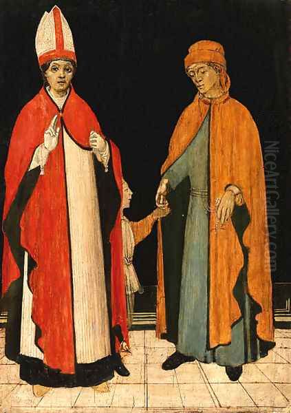 An elegantly dressed youth, with an older man wearing an ermine lined cowl Oil Painting by Milanese School