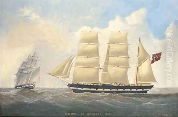 The barque Primus of Arendal under full sail, in two positions Oil Painting by Scandinavian School