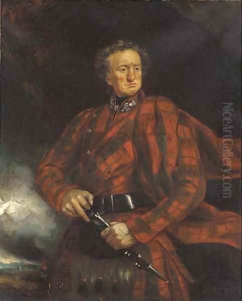 Portrait of a gentleman, three-quarter-length, in tartan, holding a skean dhu Oil Painting by Scottish School