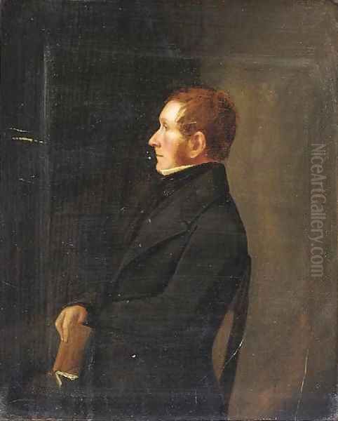 Portrait of a gentleman, in a black suit, holding a book, in profile Oil Painting by Scottish School