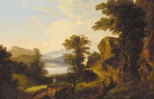 A traveller on a wooded track, a loch beyond Oil Painting by Scottish School