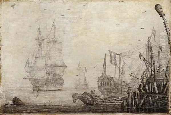 A penschilderij Shipping in a harbour with figures on a quay in the foreground Oil Painting by Experiens Sillemans