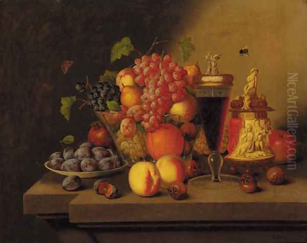 Grapes, oranges, peaches, pears and plums in a glass bowl Oil Painting by Georg (Johann G.) Seitz