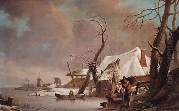 A winter landscape with faggot gatherers on a frozen waterway by a cottage Oil Painting by Hendrick Willem Schweickardt