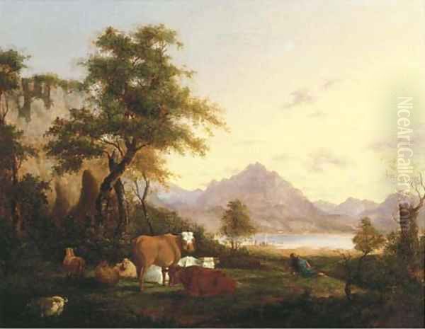 A mountainous Italianate landscape with a herdsman resting with his cattle by a lake Oil Painting by Jacob van Strij