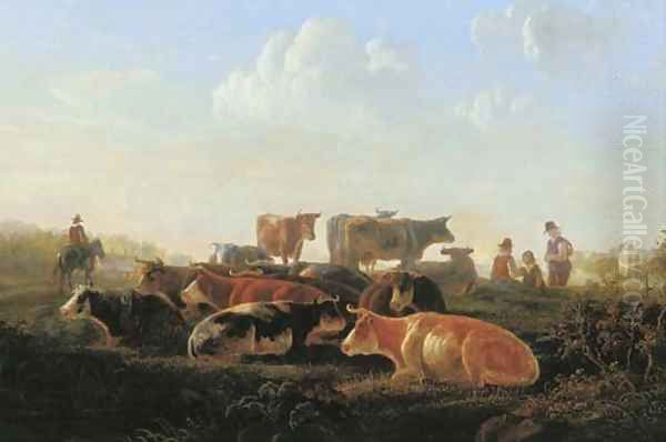 A pastoral landscape with cattle by a river bank, with herdsmen and a horseman Oil Painting by Jacob van Strij