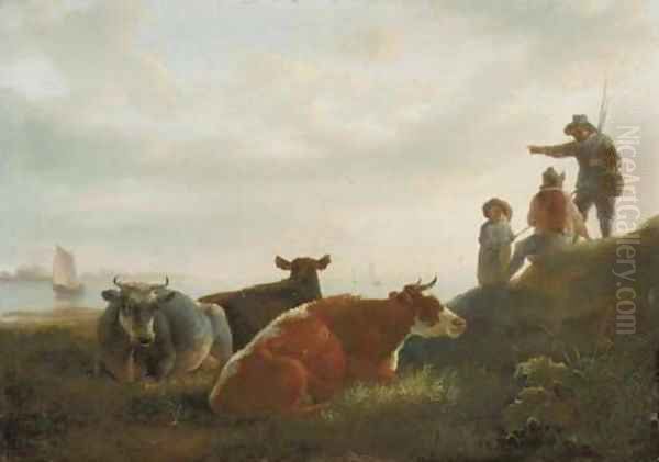 A pastoral landscape with cattle and fishermen by a river Oil Painting by Jacob van Strij