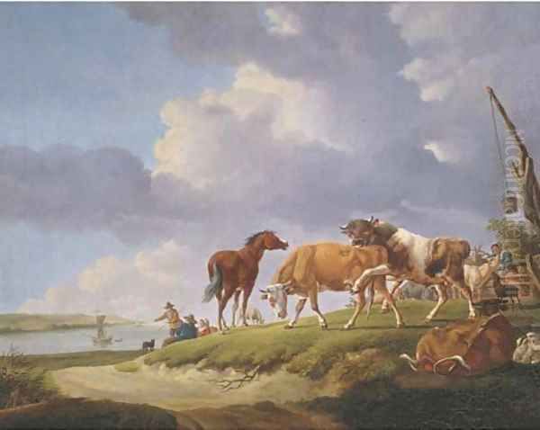 A river bank with herdsmen resting and tending their cattle Oil Painting by Jacob van Strij