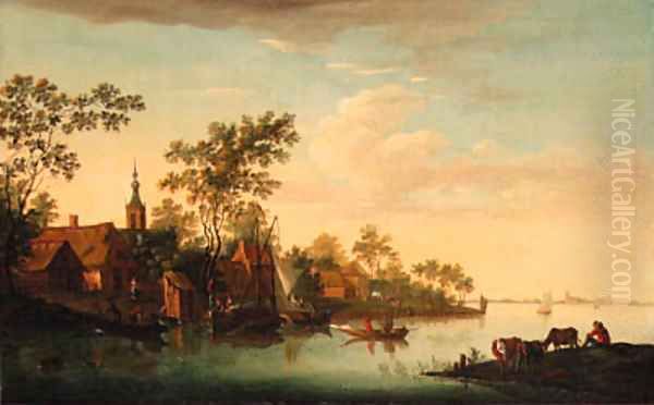 A village on a river Oil Painting by Jacob van Strij