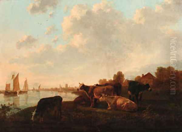 Cattle grazing in a meadow by a canal Oil Painting by Jacob van Strij