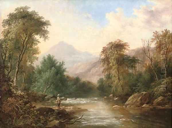 An angler in a mountainous river landscape Oil Painting by James Burrell Smith