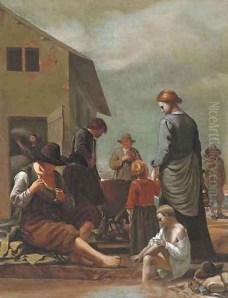 A peasant family with a man defleaing himself Oil Painting by Michiel Sweerts