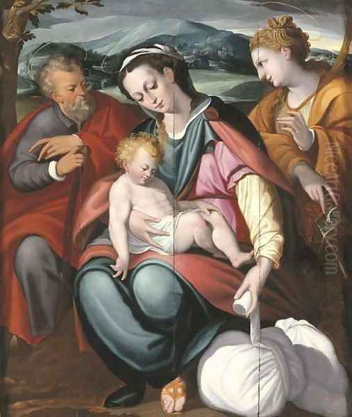 The Holy Family with Saint Catherine in a landscape Oil Painting by Orazio Samacchini