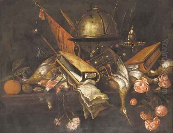 A globe, a book, an hourglass, dead game, roses, fruit and weapons on a table Oil Painting by Petrus Schotanus