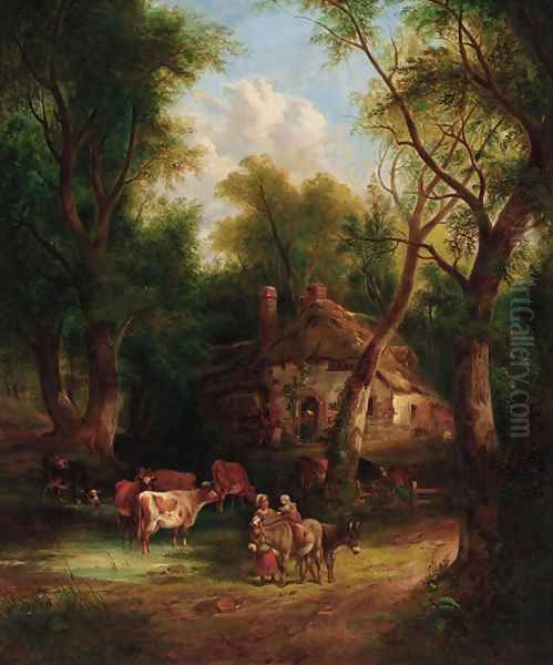 Countryfolk before a cottage in a wooded landscape Oil Painting by William Joseph Shayer