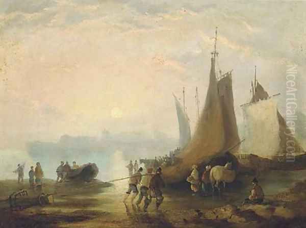 Figures on a beach unloading the catch Oil Painting by William Joseph Shayer