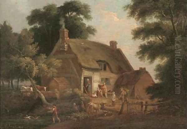 Countrymen and animals before a thatched cottage Oil Painting by William Joseph Shayer