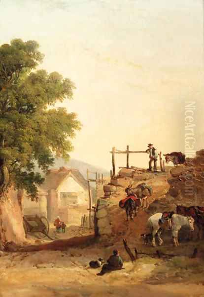 Donkeys descending a rocky path, a cottage beyond Oil Painting by William Joseph Shayer