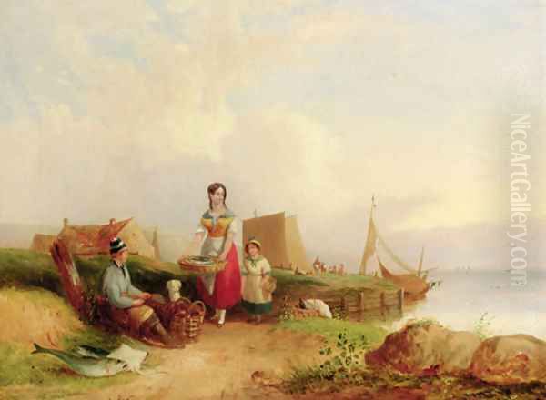 Fisherfolk before a landing stage; and Peasants resting before an extensive coastal landscape Oil Painting by William Joseph Shayer