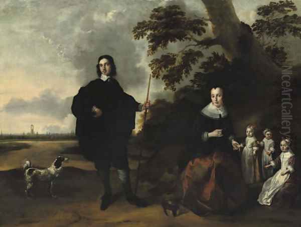 A group portrait of the Van Kuyl family with Utrecht in the background Oil Painting by Bernardus Swaerdecroon