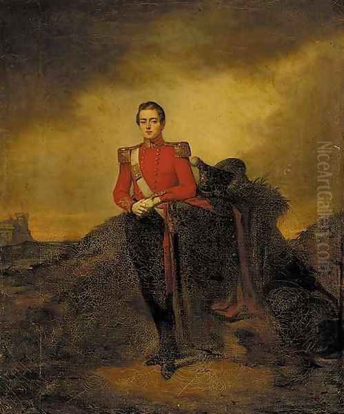 Portrait of an officer, small full-length, in a landscape, a castle beyond Oil Painting by Irish School