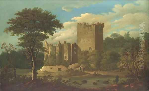 View of Blarney Castle, Cork, Ireland, with figures in the foreground Oil Painting by Irish School