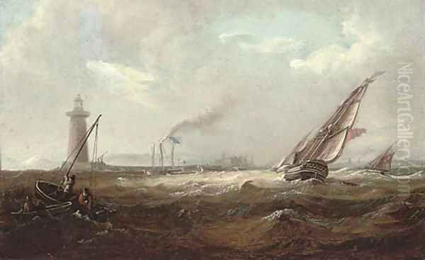 Shipping heeling in the breeze off what is thought to be the South Wall lighthouse, Dublin Bay Oil Painting by Irish School