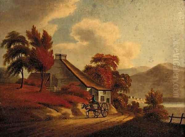 A figure riding a horse and trap outside a cottage, a mountainous lake landscape beyond; and Another similar Oil Painting by Irish School