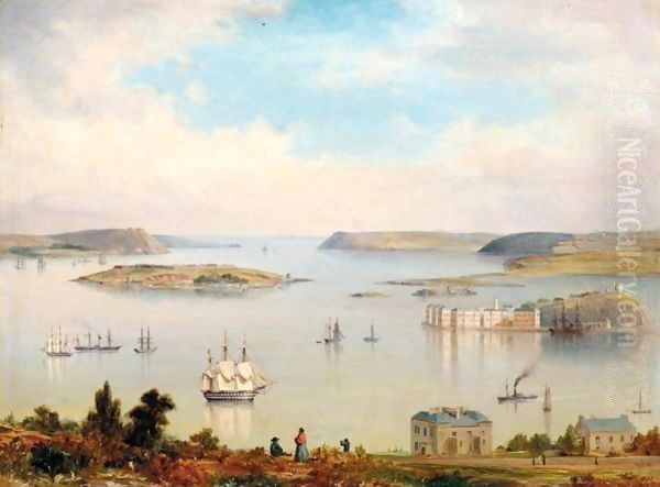 A panoramic view of Cork Harbour A two-decker, paddlesteamers and other shipping inshore Oil Painting by Irish School