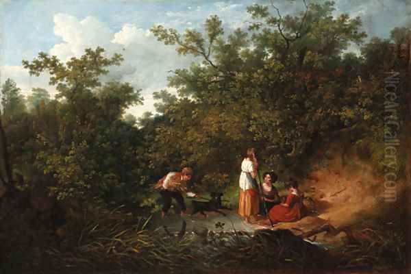 Children playing by a pond in a wood Oil Painting by Irish School