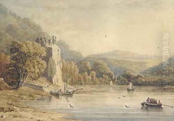 Fishermen on a lake below a ruined castle Oil Painting by Irish School