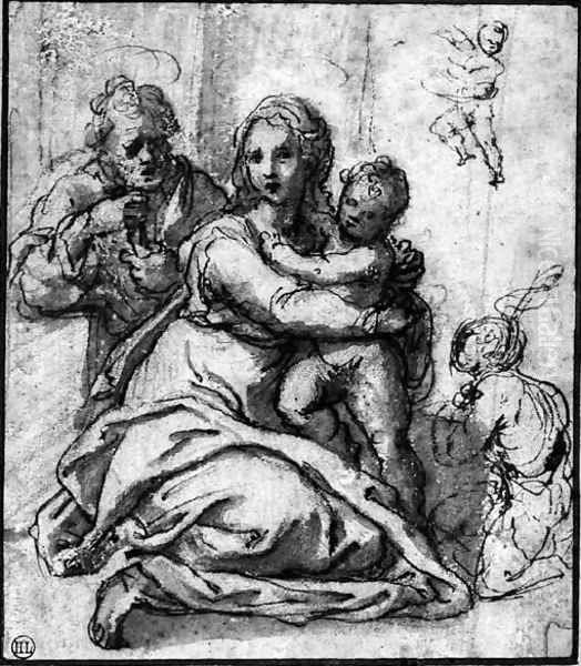 The Holy Family with the Infant Baptist, and a subsidiary study of the child Oil Painting by Sienese School