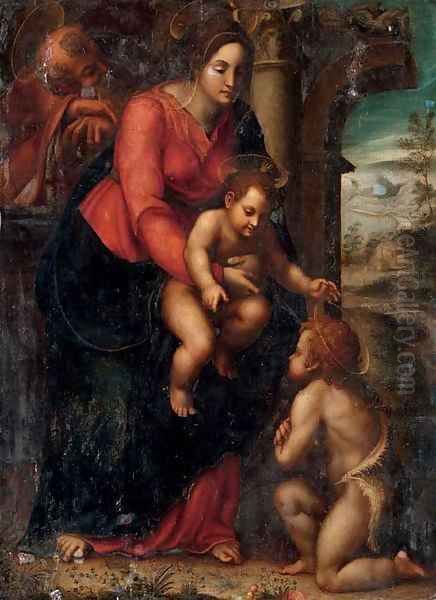 The Holy Family with the Infant Saint John the Baptist in a landscape Oil Painting by Sienese School