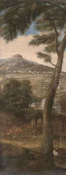 A hillside landscape with travellers on a track, a fortress above Oil Painting by South Italian School