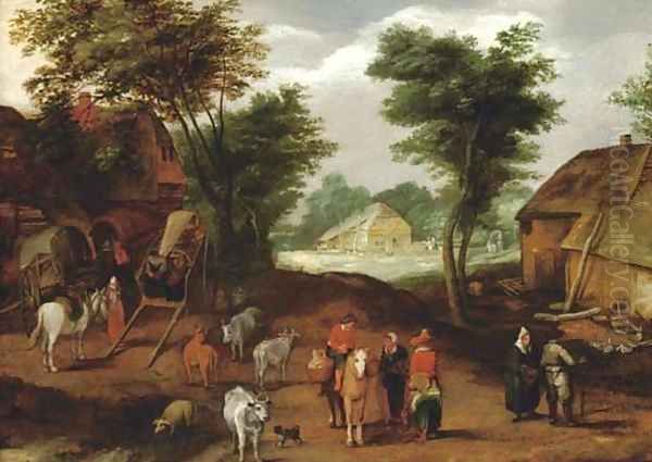 Travellers conversing in a village Oil Painting by Adriaan van Stalbemt