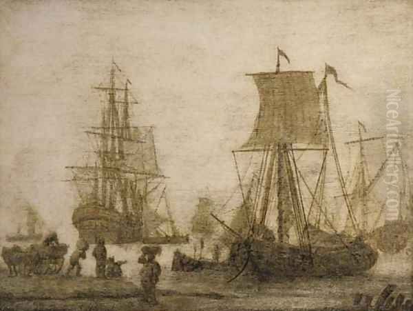 Shipping in a harbour with figures on a shore a penschildrij Oil Painting by Adriaen Van Salm