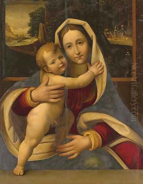 The Madonna and Child with travelers in a landscape Oil Painting by Andrea Solario