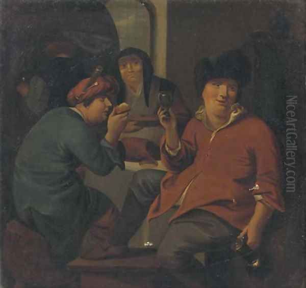 Boors making merry and drinking in an interior Oil Painting by Bernardus Van Scheyndel