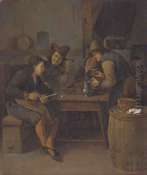 A tavern interior with men drinking, smoking and playing backgammon Oil Painting by Cornelis Schaeck