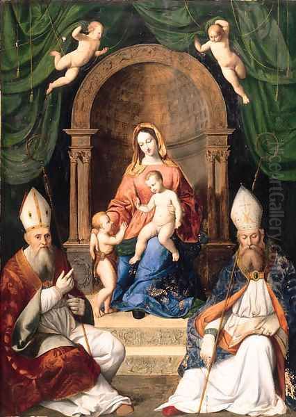 The Madonna and Child enthroned with the Infant Saint John the Baptist, and two Bishop Saints Oil Painting by Giovanni Battista Salvi, II Sassoferrato