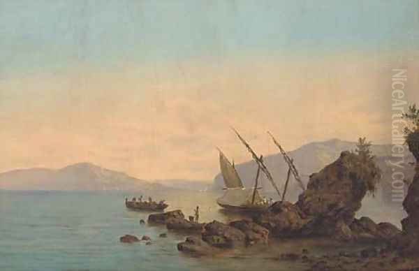 A xebec moored in the bay of Naples, her crew fishing from a longboat Oil Painting by Giovanni Serritelli