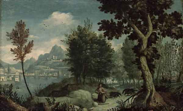 A mountainous River Landscape with the Prodigal Son, a view of Verona beyond Oil Painting by Jan Soens