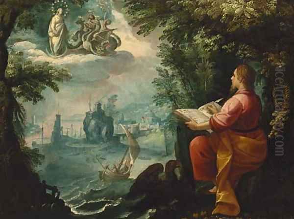 Saint John the Evangelist on the island of Patmos writing the book of Revelation Oil Painting by Jan Soens