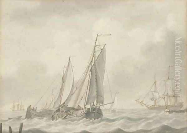 Barges in close quarters at the mouth of the estuary Oil Painting by Johannes Christian Schotel