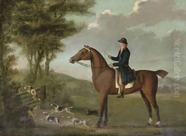 A huntsman on his hunter in an extensive landscape, with hounds jumping a gate Oil Painting by John Nost Sartorius