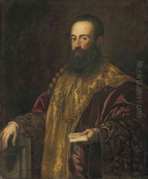 Portrait Of A Venetian General, 
Possibly Jacopo Soranzo The Younger, Three-quarter-length, Holding A 
Letter In His Lefthand Oil Painting by Jacopo Robusti, II Tintoretto