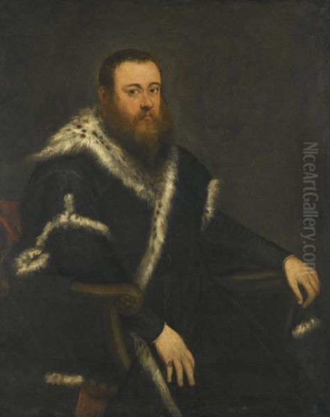 Portrait Of A Bearded Man In A Black Robe With Fur Oil Painting by Jacopo Robusti, II Tintoretto