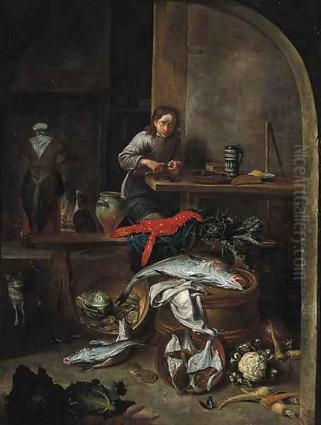 A boy preparing mussels by a table Oil Painting by Peeter Snyers