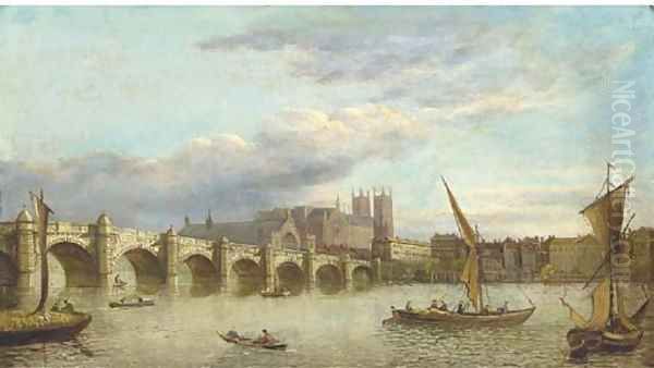 Vessels on the Thames, with Westminster Bridge and Abbey beyond; and View down the Thames of London Bridge Oil Painting by Samuel Scott