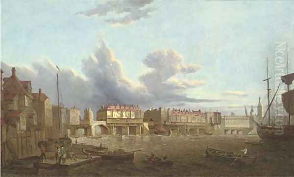 An extensive view of old London Bridge from the East, with the church of St. Magnus and the Monument beyond by Samuel Scott